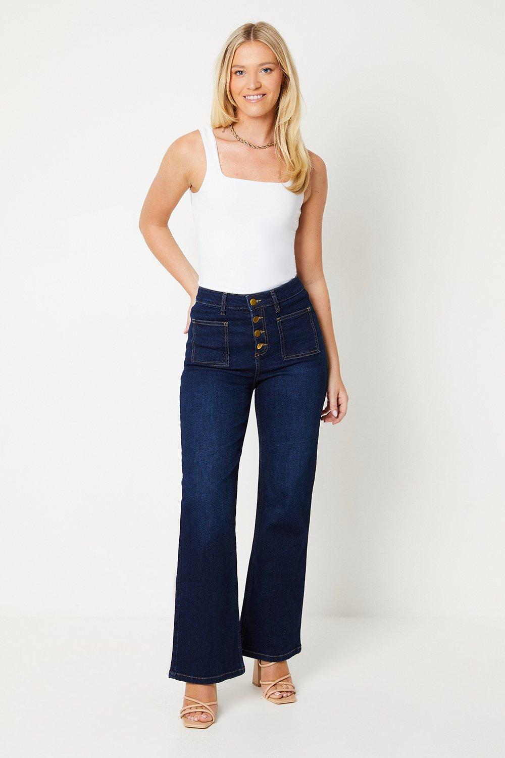 Womens High Rise Button Detail Patch Pocket Flare Jeans